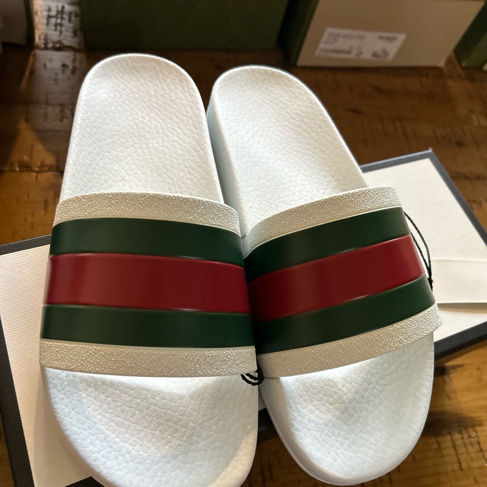 Gucci White Slides with Green and Red Stripe